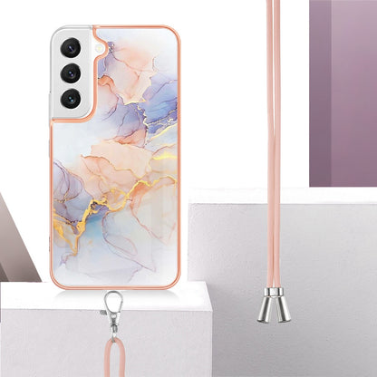 YB IMD Series-4 for Samsung Galaxy S22+ 5G IMD IML Electroplating TPU Case with Lanyard, Marble Flower Pattern Slim Phone Cover