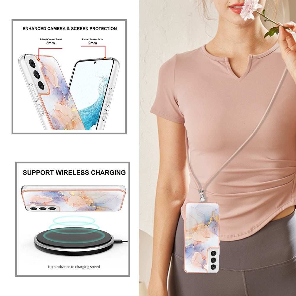 YB IMD Series-4 for Samsung Galaxy S22+ 5G IMD IML Electroplating TPU Case with Lanyard, Marble Flower Pattern Slim Phone Cover