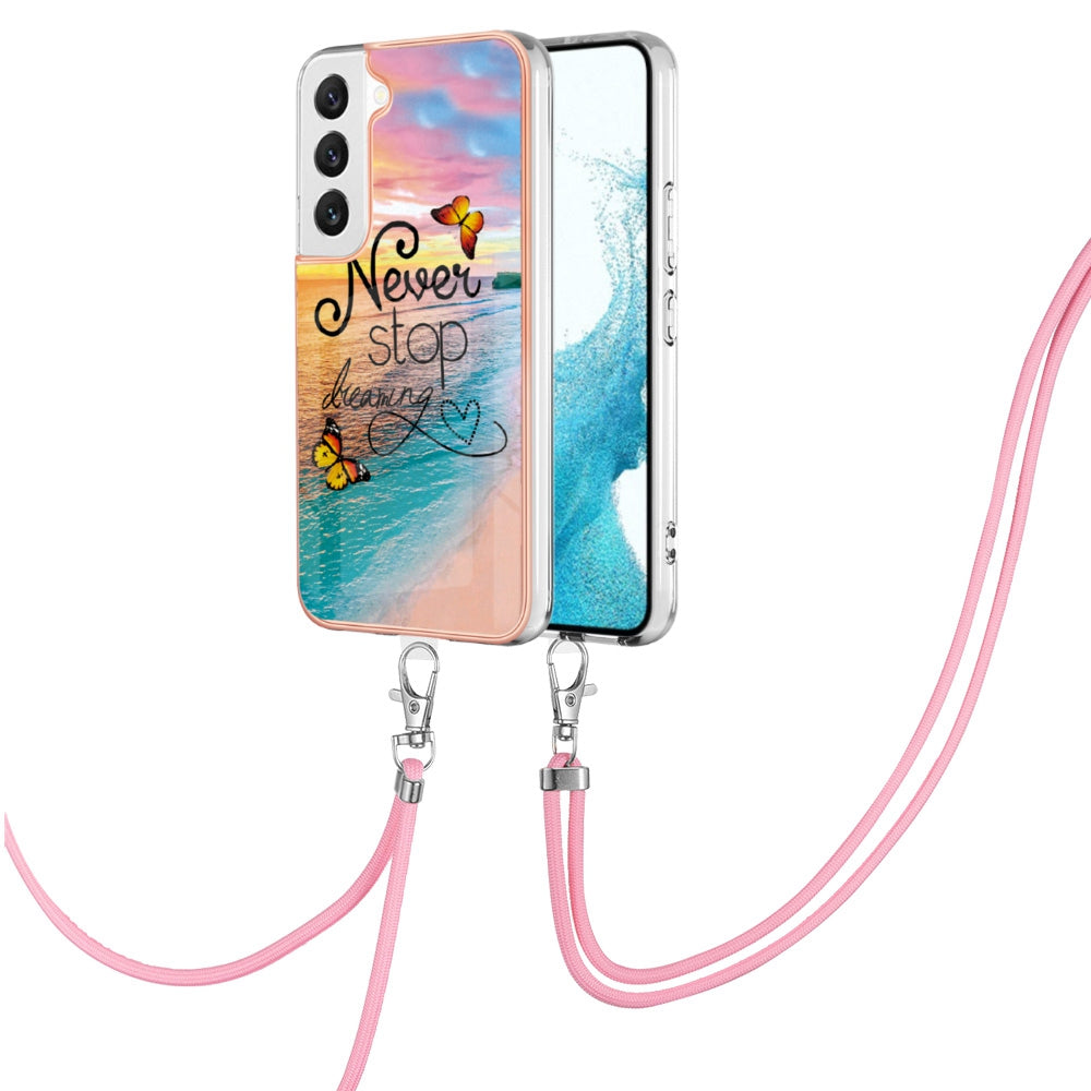 YB IMD Series-4 for Samsung Galaxy S22+ 5G IMD IML Electroplating TPU Case with Lanyard, Marble Flower Pattern Slim Phone Cover