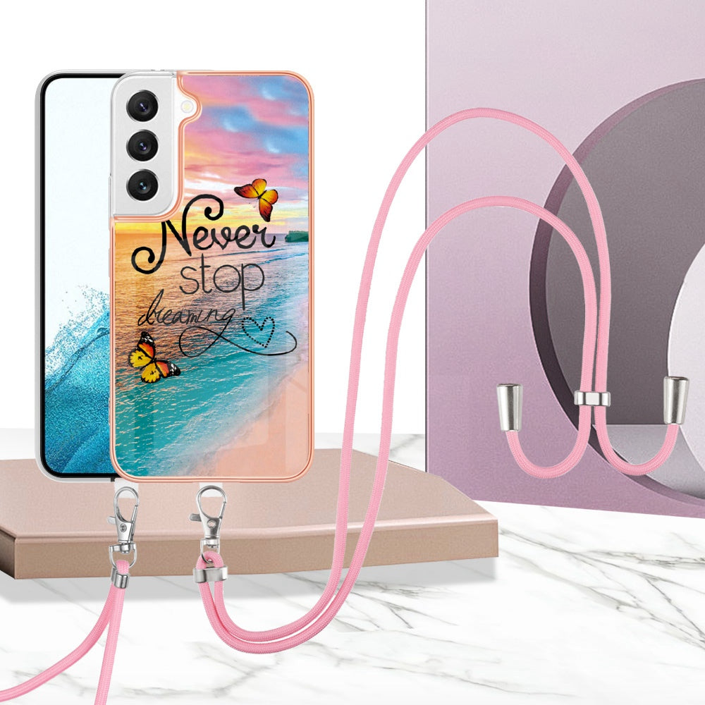 YB IMD Series-4 for Samsung Galaxy S22+ 5G IMD IML Electroplating TPU Case with Lanyard, Marble Flower Pattern Slim Phone Cover