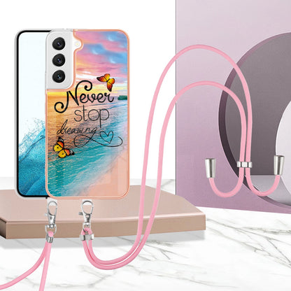 YB IMD Series-4 for Samsung Galaxy S22+ 5G IMD IML Electroplating TPU Case with Lanyard, Marble Flower Pattern Slim Phone Cover