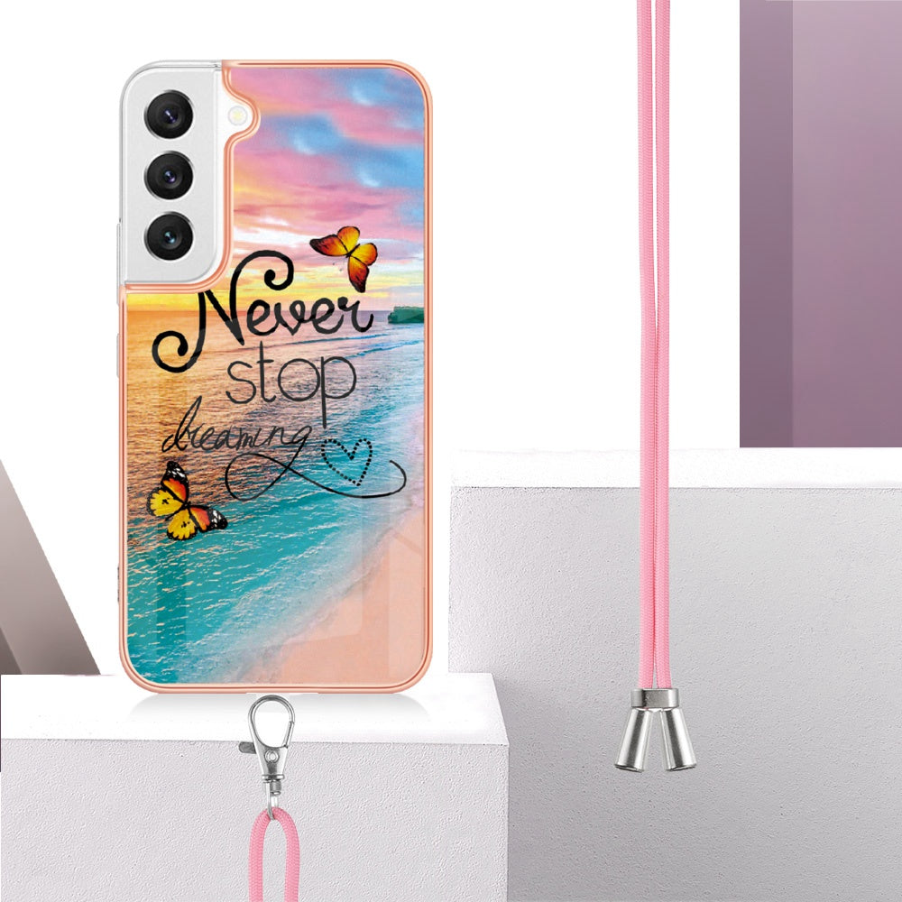 YB IMD Series-4 for Samsung Galaxy S22+ 5G IMD IML Electroplating TPU Case with Lanyard, Marble Flower Pattern Slim Phone Cover