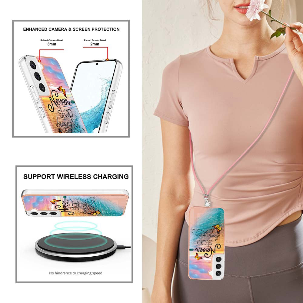 YB IMD Series-4 for Samsung Galaxy S22+ 5G IMD IML Electroplating TPU Case with Lanyard, Marble Flower Pattern Slim Phone Cover