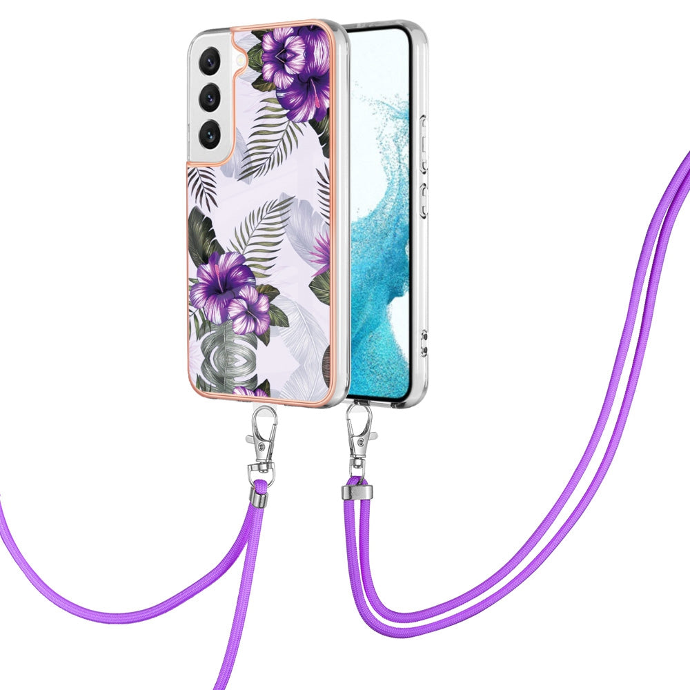 YB IMD Series-4 for Samsung Galaxy S22+ 5G IMD IML Electroplating TPU Case with Lanyard, Marble Flower Pattern Slim Phone Cover