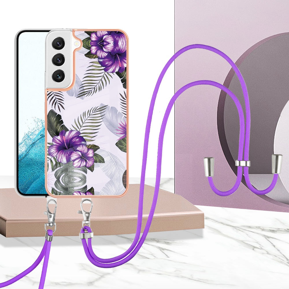 YB IMD Series-4 for Samsung Galaxy S22+ 5G IMD IML Electroplating TPU Case with Lanyard, Marble Flower Pattern Slim Phone Cover