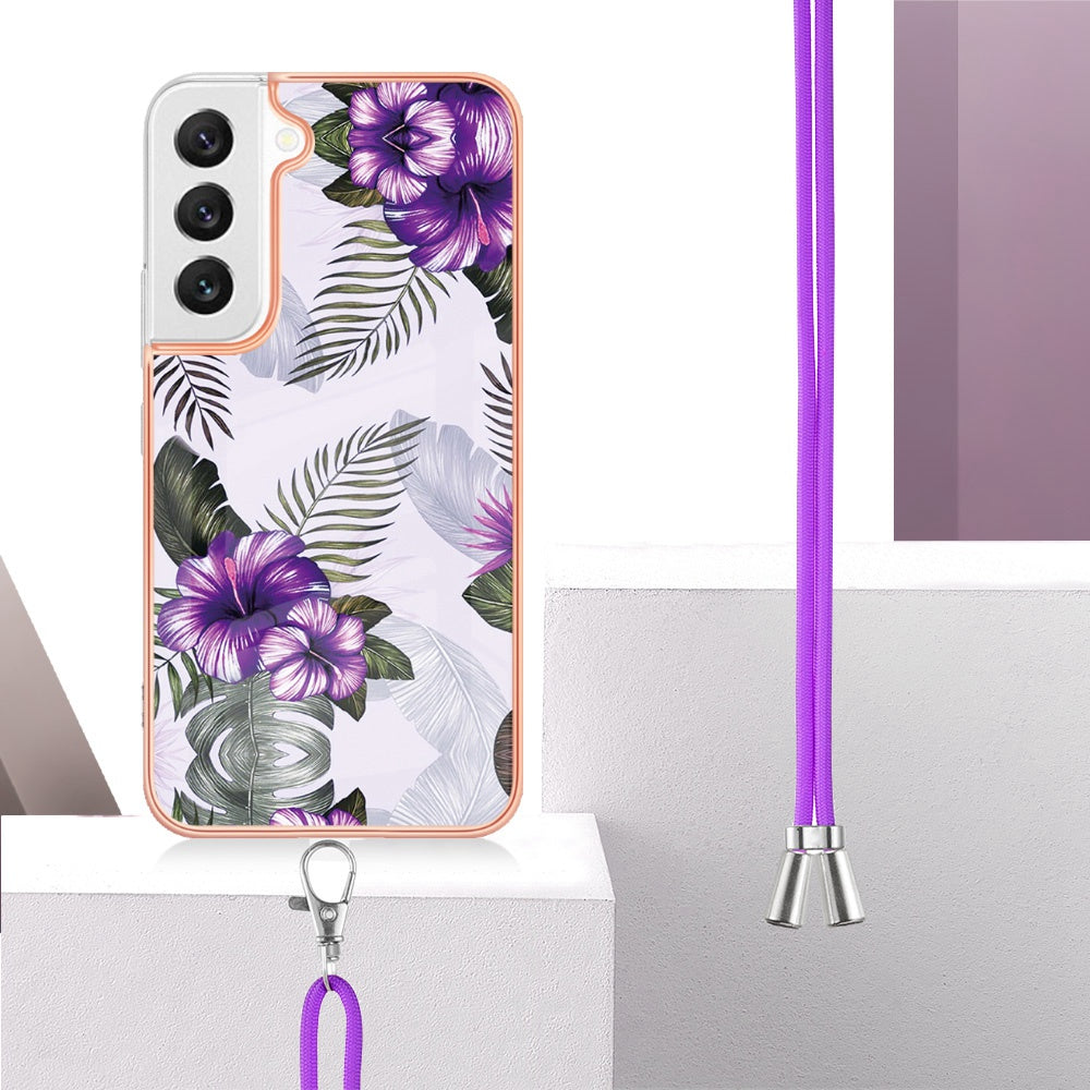YB IMD Series-4 for Samsung Galaxy S22+ 5G IMD IML Electroplating TPU Case with Lanyard, Marble Flower Pattern Slim Phone Cover