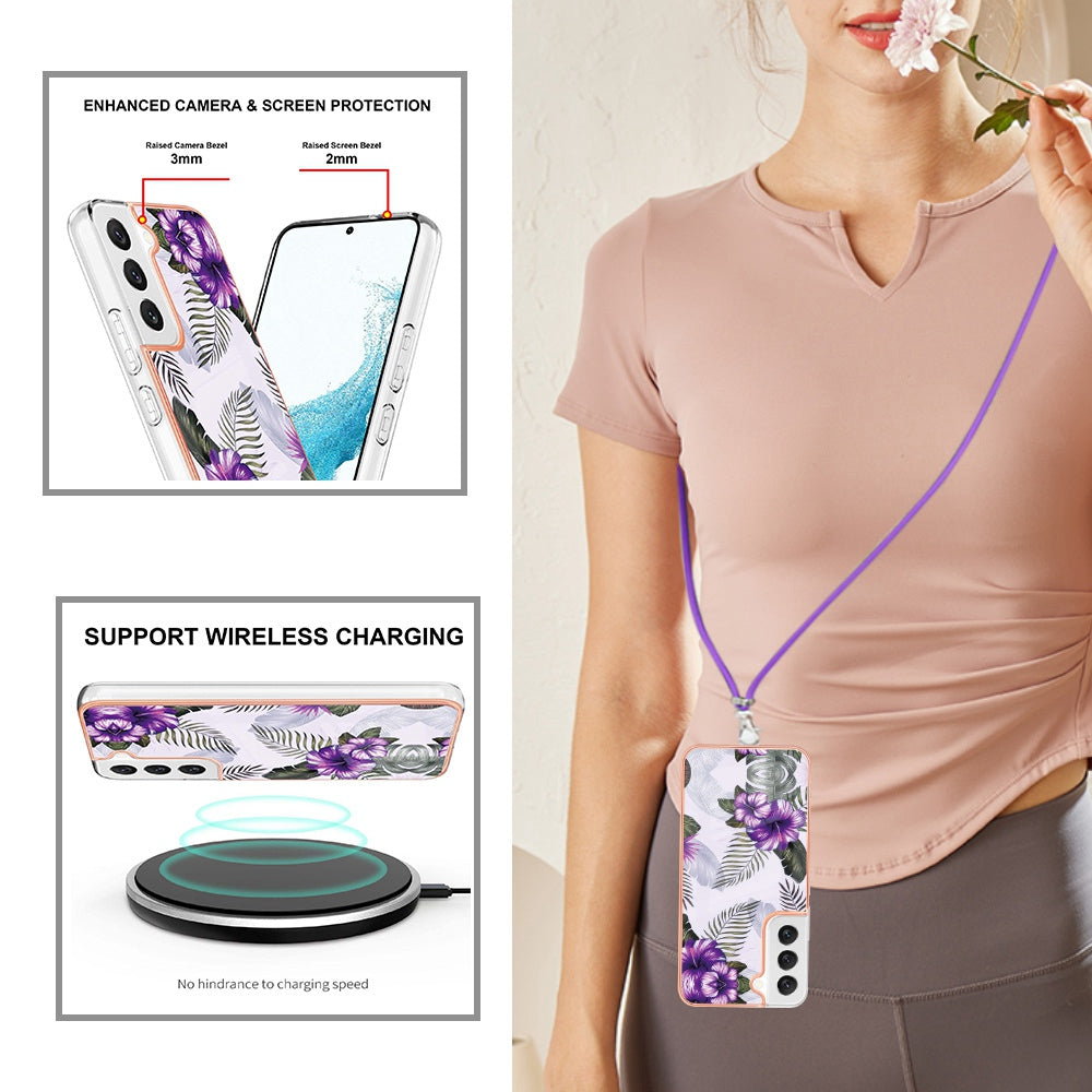 YB IMD Series-4 for Samsung Galaxy S22+ 5G IMD IML Electroplating TPU Case with Lanyard, Marble Flower Pattern Slim Phone Cover
