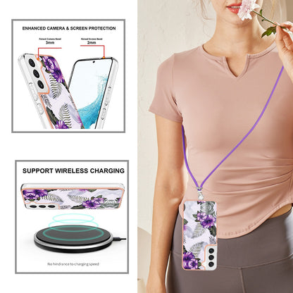 YB IMD Series-4 for Samsung Galaxy S22+ 5G IMD IML Electroplating TPU Case with Lanyard, Marble Flower Pattern Slim Phone Cover