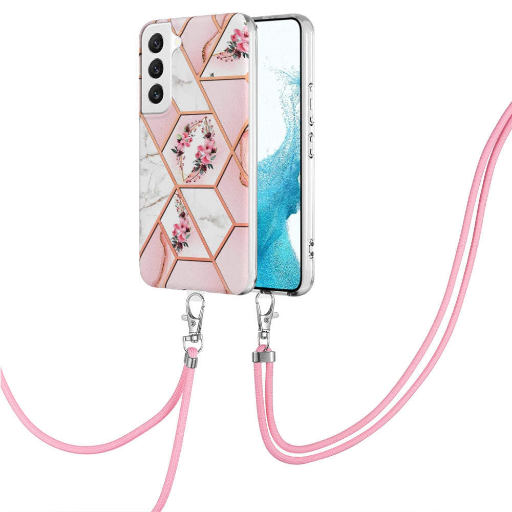 YB IMD Series-4 for Samsung Galaxy S22+ 5G IMD IML Electroplating TPU Case with Lanyard, Marble Flower Pattern Slim Phone Cover