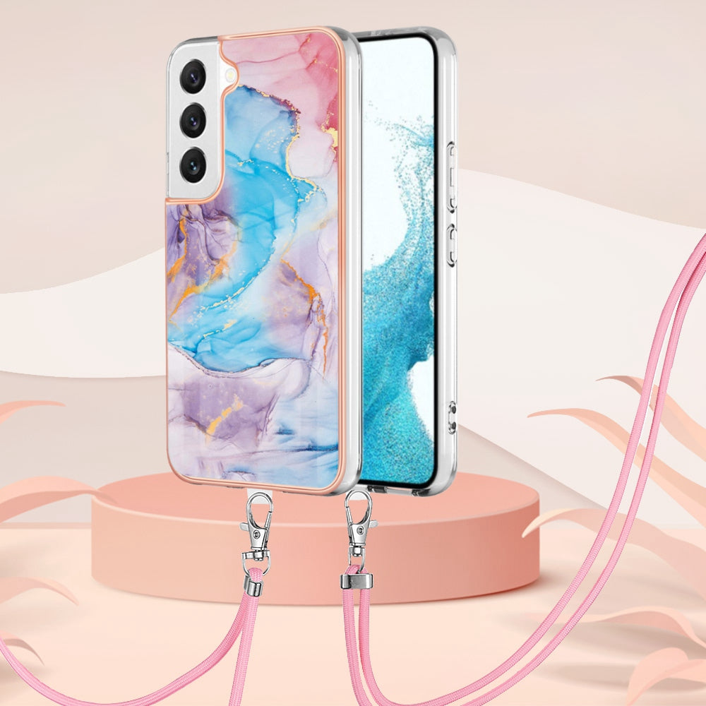 YB IMD Series-4 for Samsung Galaxy S22+ 5G IMD IML Electroplating TPU Case with Lanyard, Marble Flower Pattern Slim Phone Cover