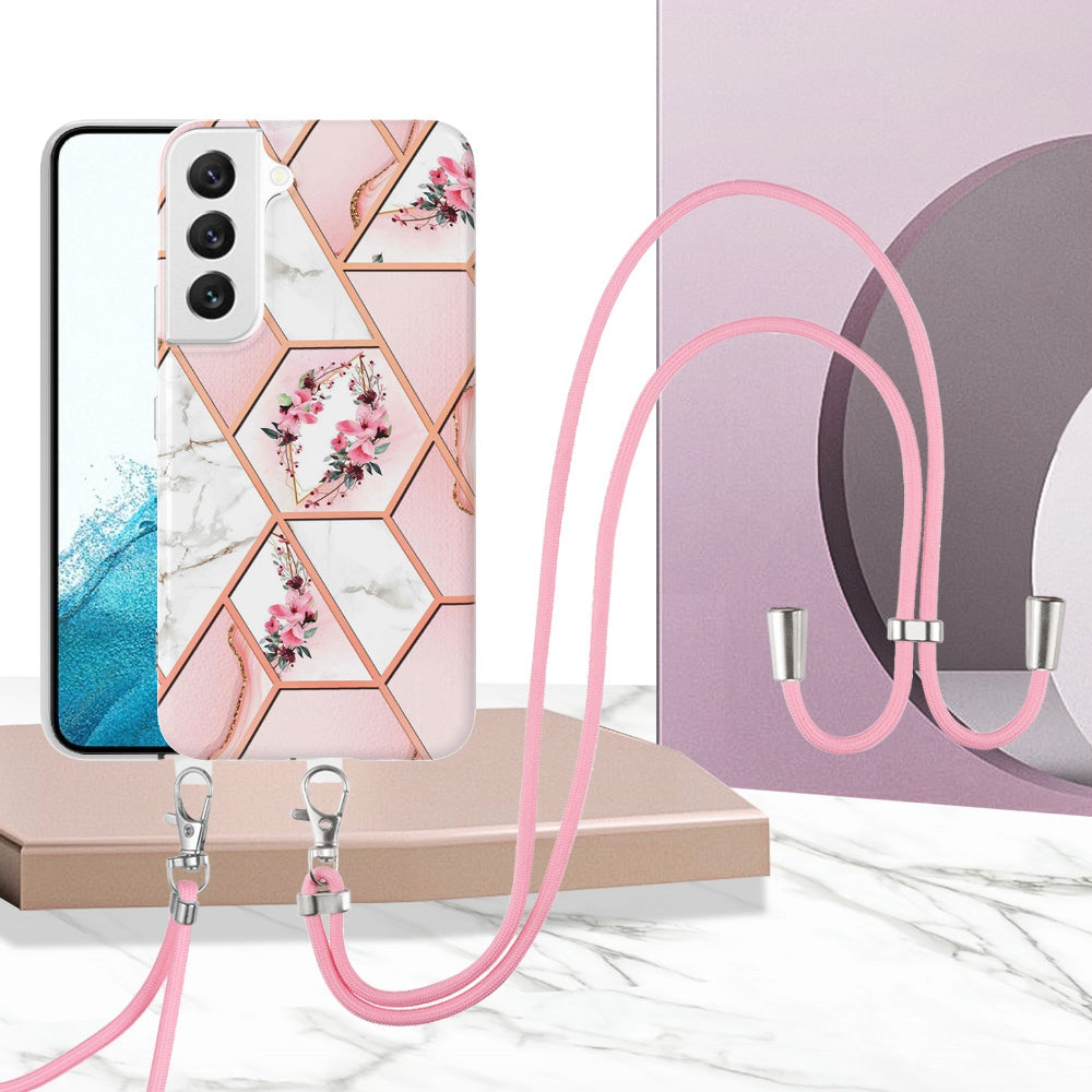 YB IMD Series-4 for Samsung Galaxy S22+ 5G IMD IML Electroplating TPU Case with Lanyard, Marble Flower Pattern Slim Phone Cover