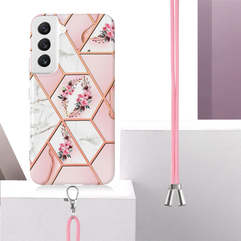 YB IMD Series-4 for Samsung Galaxy S22+ 5G IMD IML Electroplating TPU Case with Lanyard, Marble Flower Pattern Slim Phone Cover