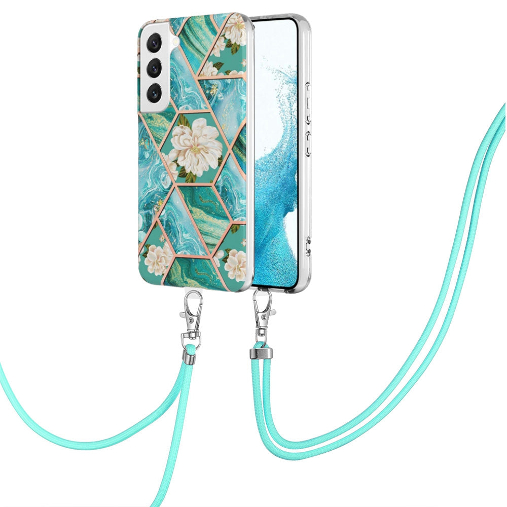 YB IMD Series-4 for Samsung Galaxy S22+ 5G IMD IML Electroplating TPU Case with Lanyard, Marble Flower Pattern Slim Phone Cover
