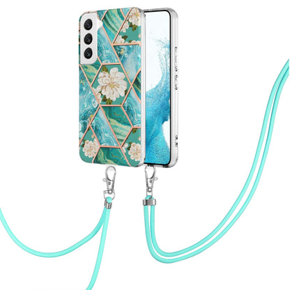 YB IMD Series-4 for Samsung Galaxy S22+ 5G IMD IML Electroplating TPU Case with Lanyard, Marble Flower Pattern Slim Phone Cover