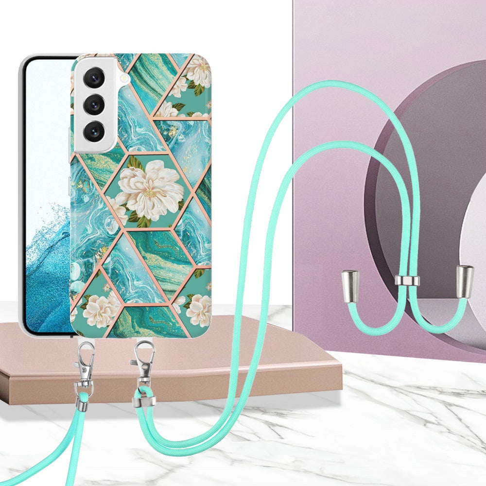 YB IMD Series-4 for Samsung Galaxy S22+ 5G IMD IML Electroplating TPU Case with Lanyard, Marble Flower Pattern Slim Phone Cover
