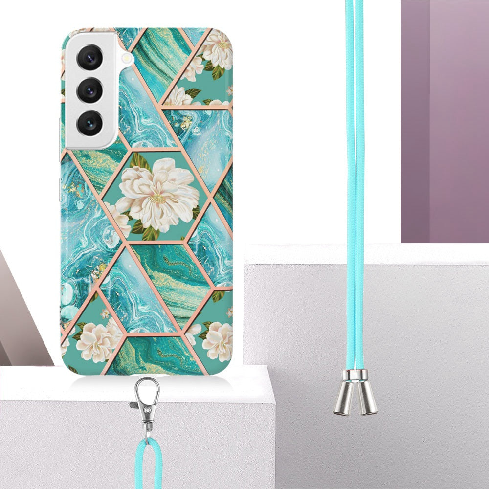 YB IMD Series-4 for Samsung Galaxy S22+ 5G IMD IML Electroplating TPU Case with Lanyard, Marble Flower Pattern Slim Phone Cover