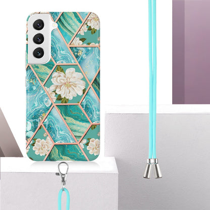 YB IMD Series-4 for Samsung Galaxy S22+ 5G IMD IML Electroplating TPU Case with Lanyard, Marble Flower Pattern Slim Phone Cover