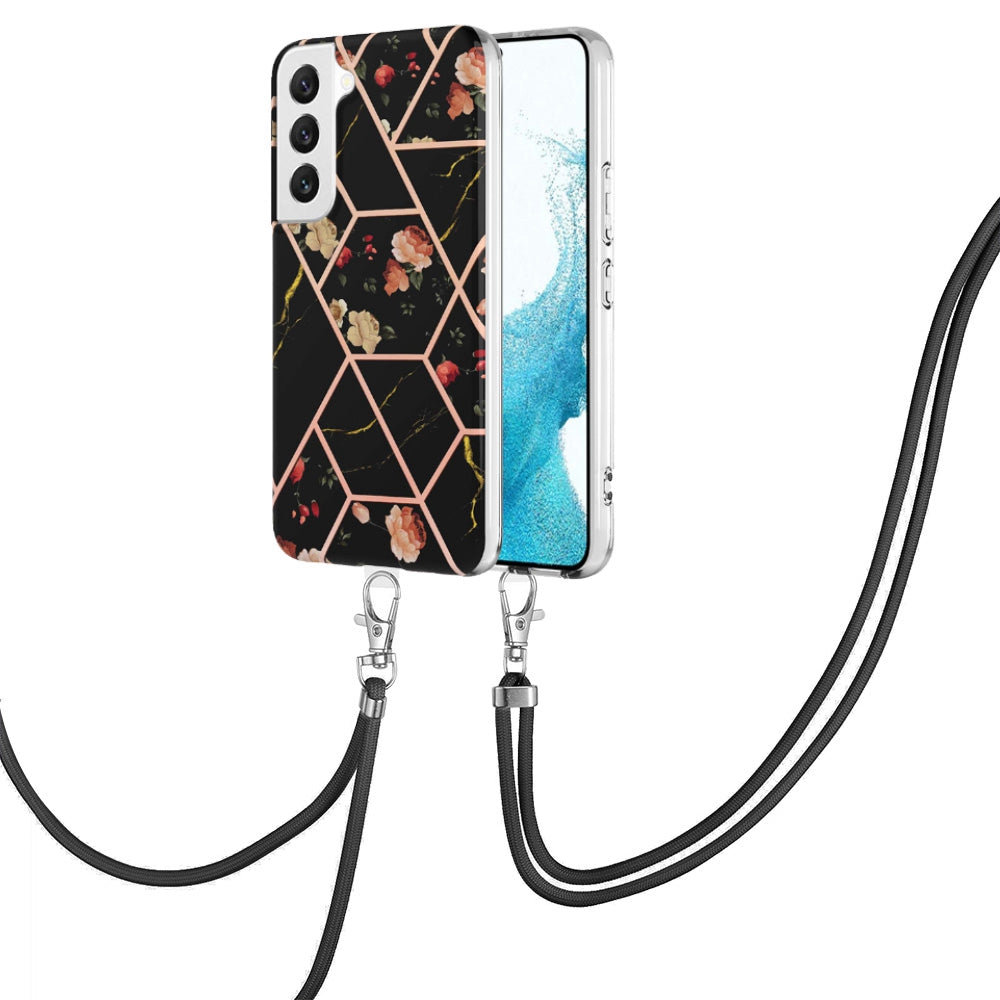 YB IMD Series-4 for Samsung Galaxy S22+ 5G IMD IML Electroplating TPU Case with Lanyard, Marble Flower Pattern Slim Phone Cover