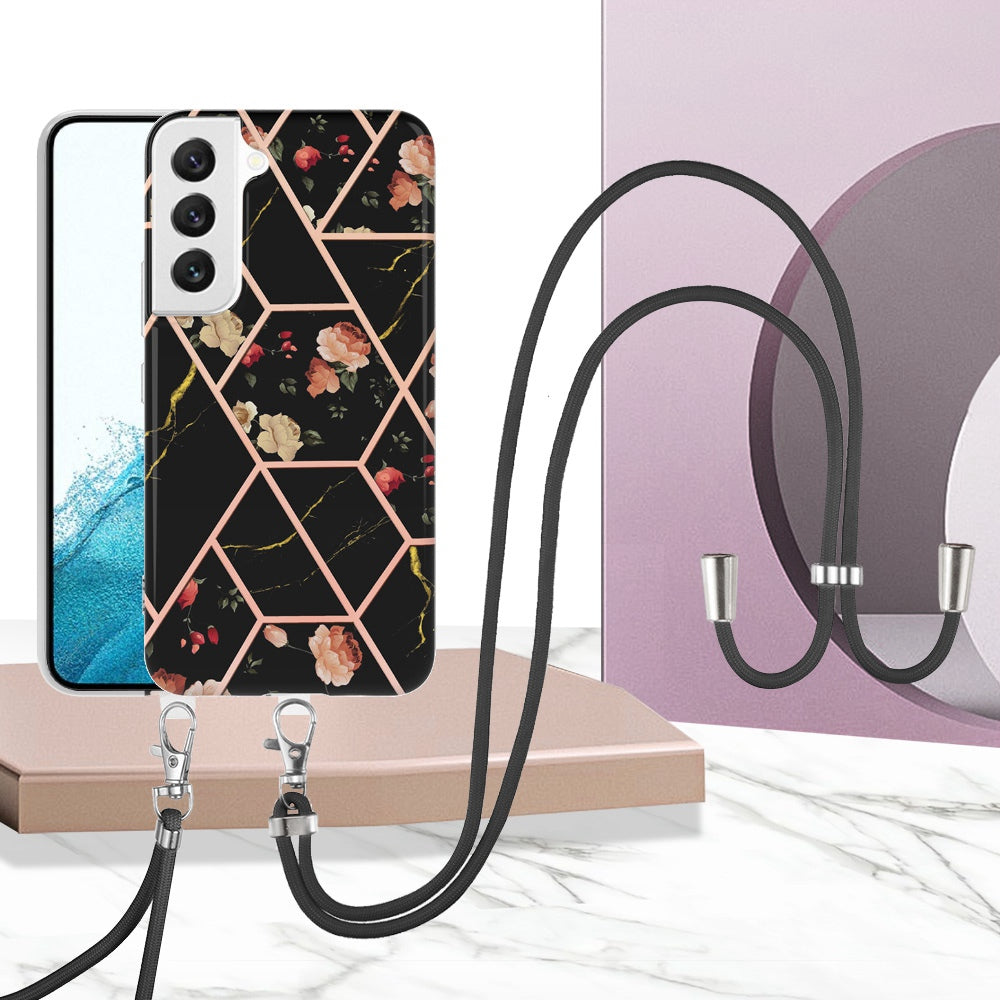 YB IMD Series-4 for Samsung Galaxy S22+ 5G IMD IML Electroplating TPU Case with Lanyard, Marble Flower Pattern Slim Phone Cover