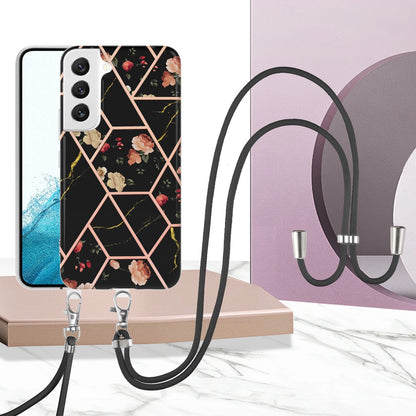 YB IMD Series-4 for Samsung Galaxy S22+ 5G IMD IML Electroplating TPU Case with Lanyard, Marble Flower Pattern Slim Phone Cover
