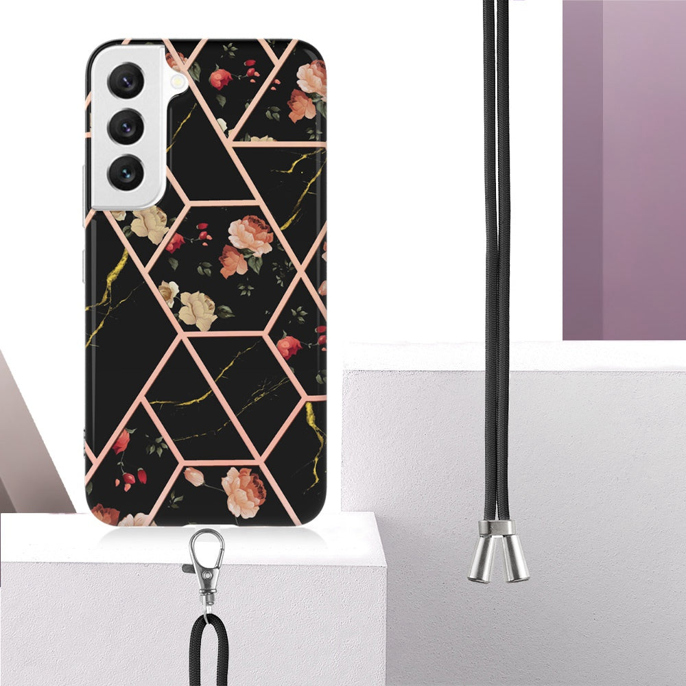 YB IMD Series-4 for Samsung Galaxy S22+ 5G IMD IML Electroplating TPU Case with Lanyard, Marble Flower Pattern Slim Phone Cover