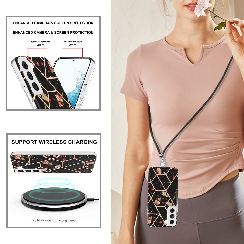 YB IMD Series-4 for Samsung Galaxy S22+ 5G IMD IML Electroplating TPU Case with Lanyard, Marble Flower Pattern Slim Phone Cover