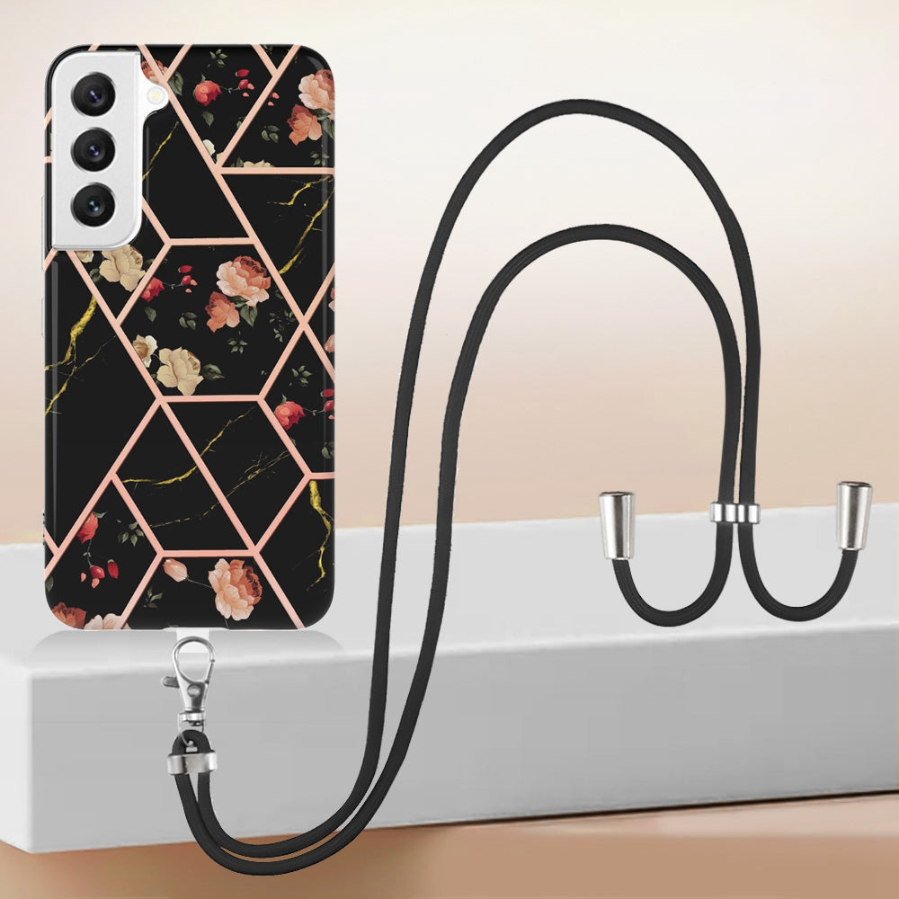 YB IMD Series-4 for Samsung Galaxy S22+ 5G IMD IML Electroplating TPU Case with Lanyard, Marble Flower Pattern Slim Phone Cover