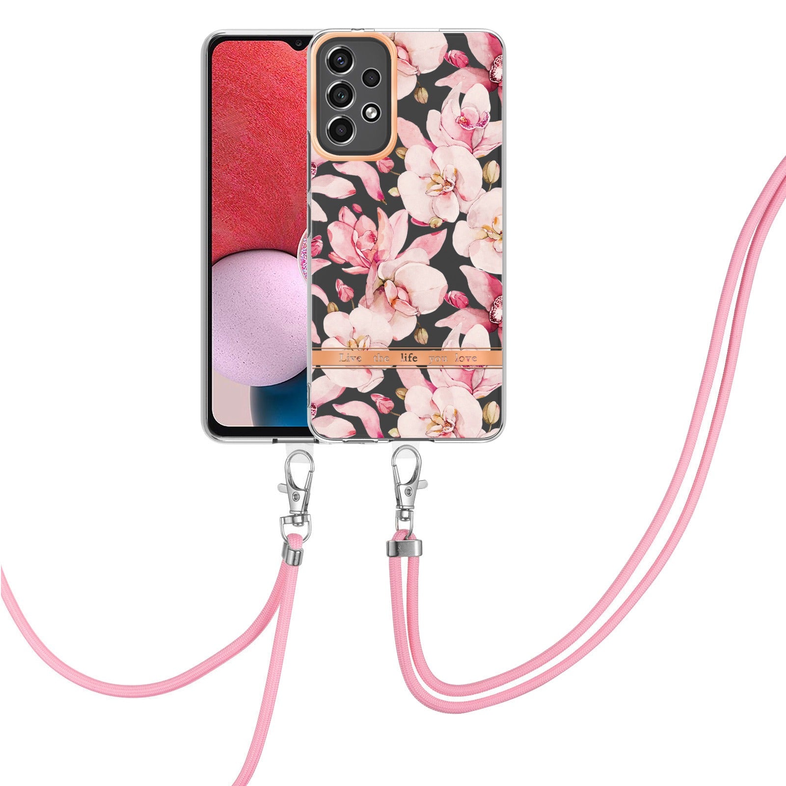 YB IMD-11 Series for Samsung Galaxy A13 4G IML Electroplating Flower Pattern IMD Drop-proof Well-protected Soft TPU Phone Case with Lanyard