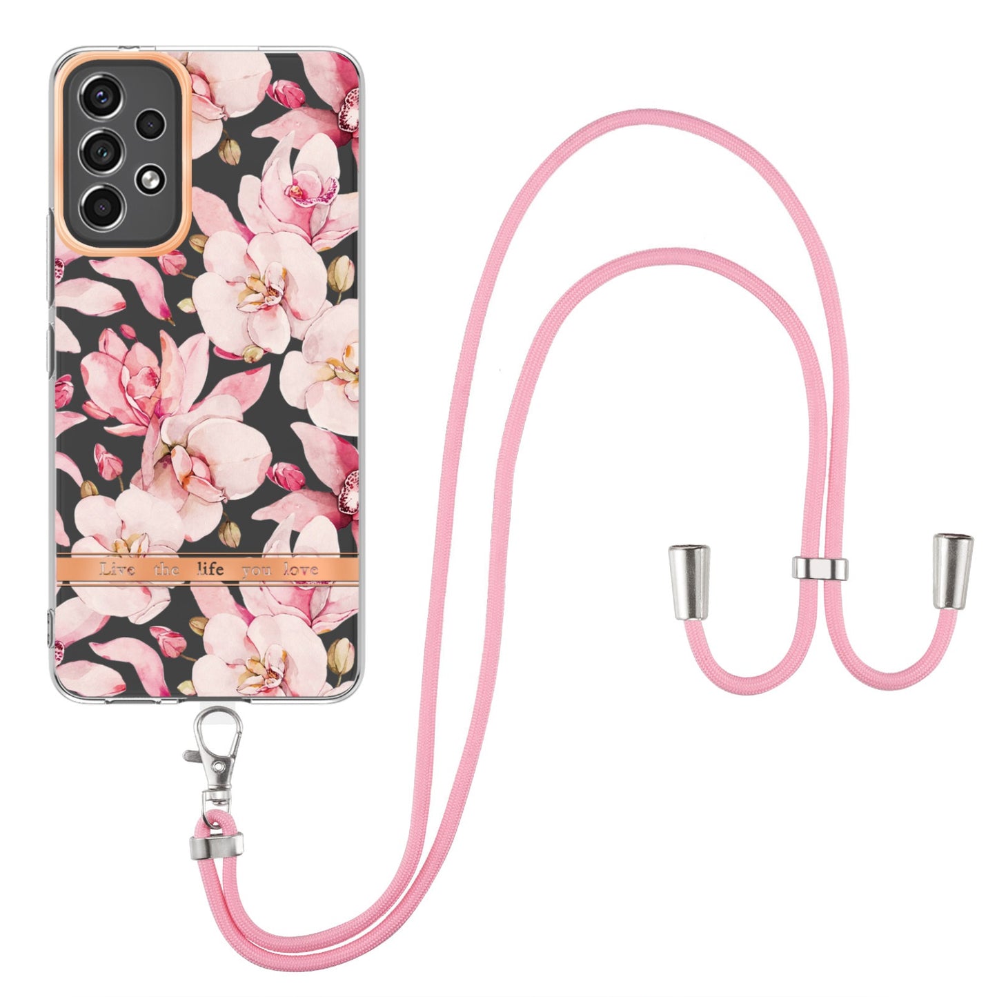 YB IMD-11 Series for Samsung Galaxy A13 4G IML Electroplating Flower Pattern IMD Drop-proof Well-protected Soft TPU Phone Case with Lanyard