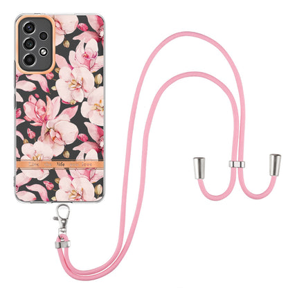 YB IMD-11 Series for Samsung Galaxy A13 4G IML Electroplating Flower Pattern IMD Drop-proof Well-protected Soft TPU Phone Case with Lanyard
