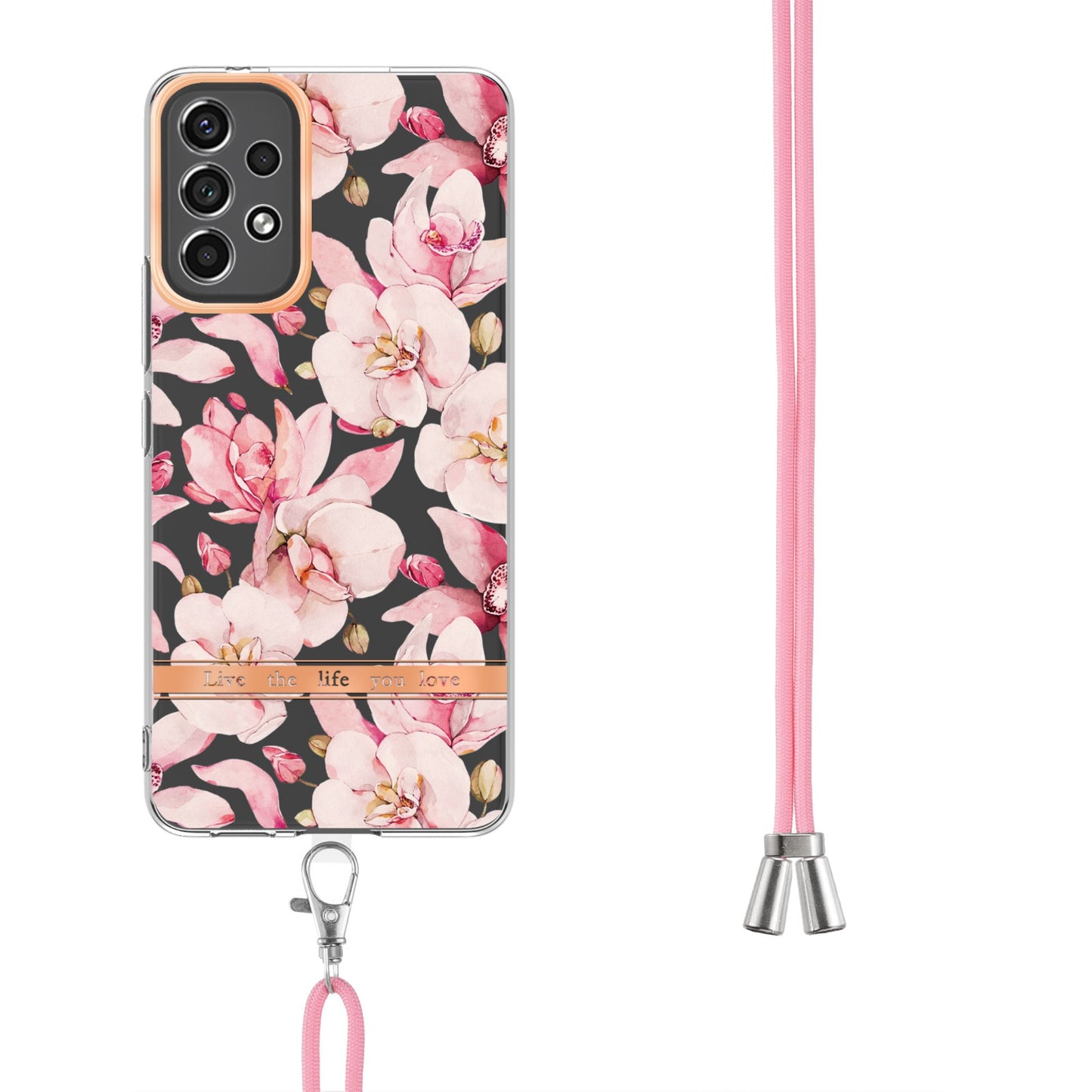 YB IMD-11 Series for Samsung Galaxy A13 4G IML Electroplating Flower Pattern IMD Drop-proof Well-protected Soft TPU Phone Case with Lanyard
