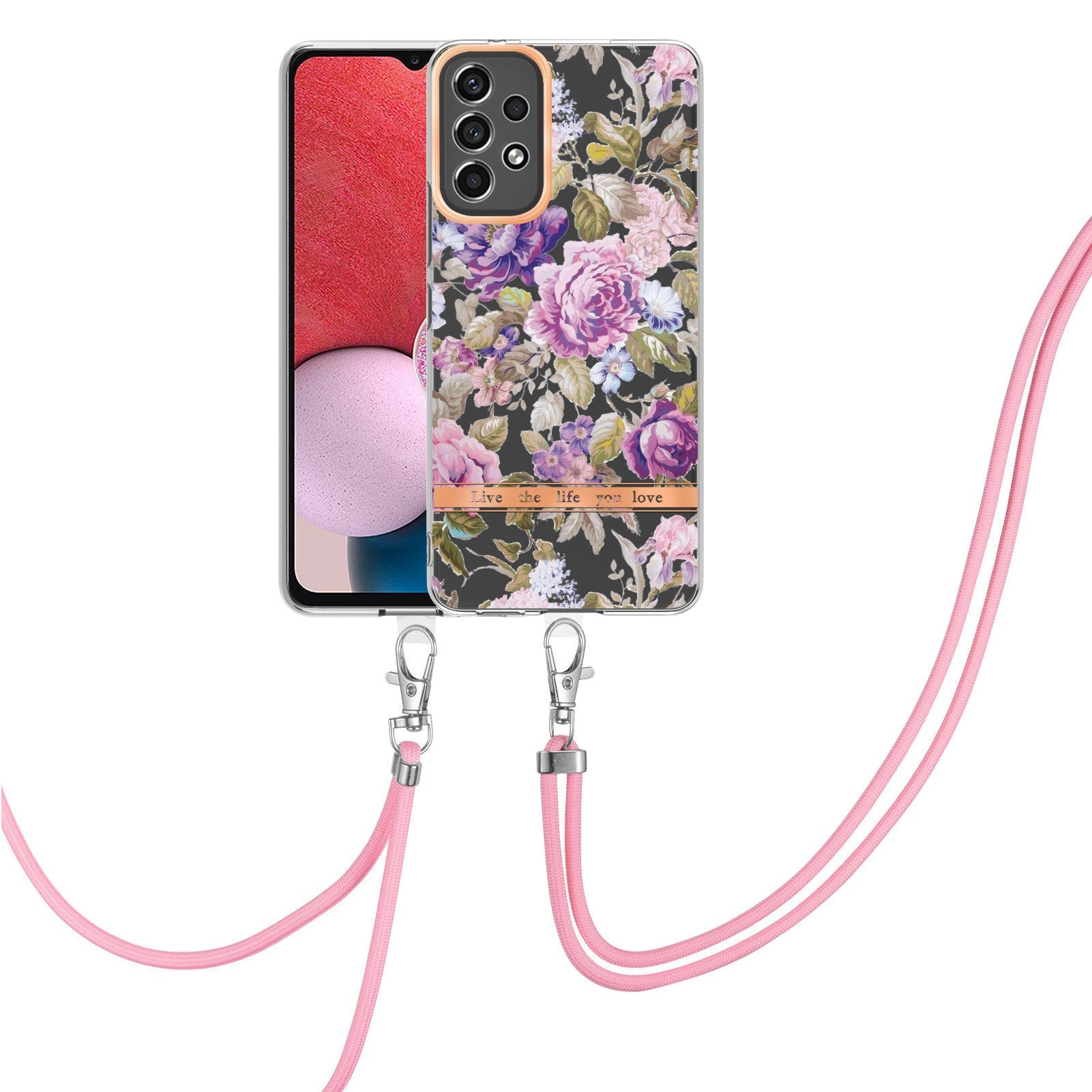 YB IMD-11 Series for Samsung Galaxy A13 4G IML Electroplating Flower Pattern IMD Drop-proof Well-protected Soft TPU Phone Case with Lanyard