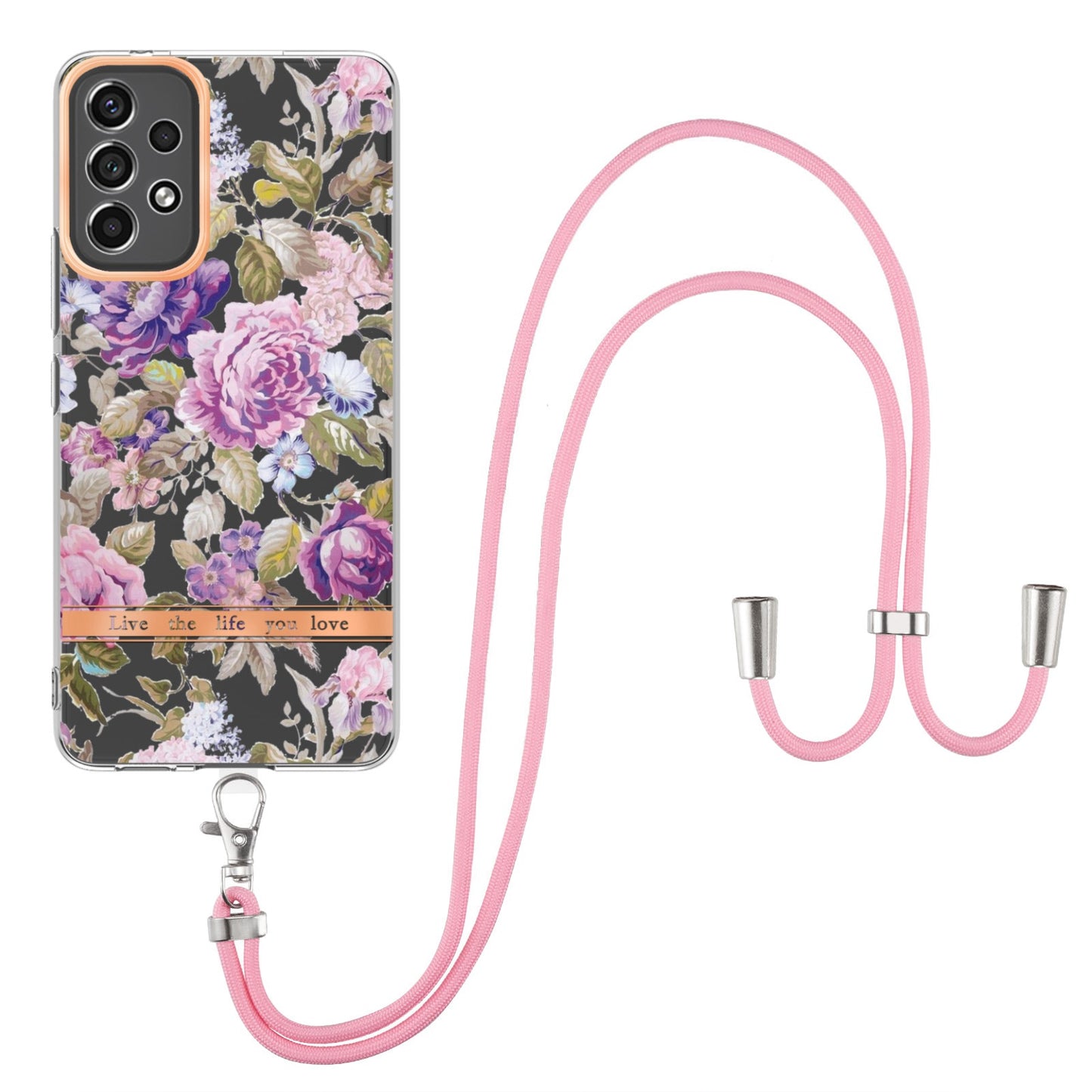 YB IMD-11 Series for Samsung Galaxy A13 4G IML Electroplating Flower Pattern IMD Drop-proof Well-protected Soft TPU Phone Case with Lanyard