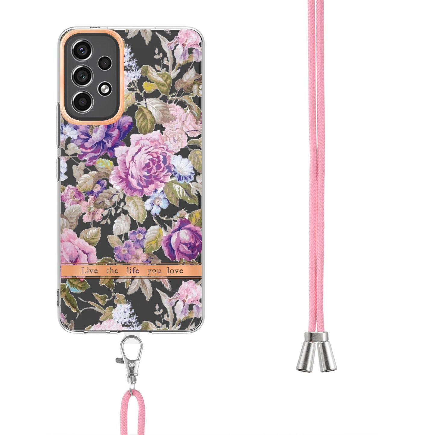 YB IMD-11 Series for Samsung Galaxy A13 4G IML Electroplating Flower Pattern IMD Drop-proof Well-protected Soft TPU Phone Case with Lanyard