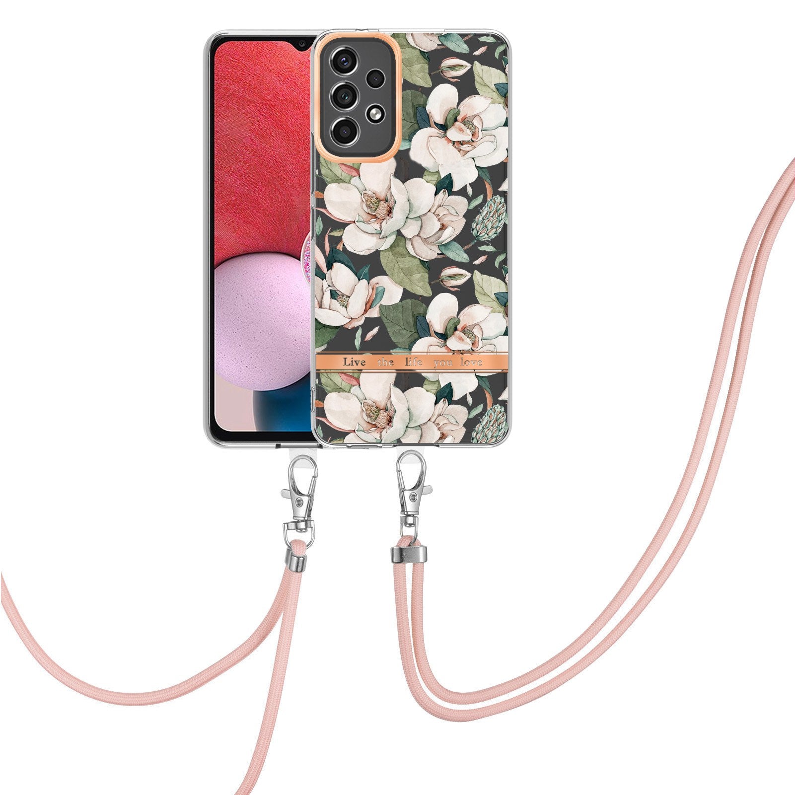 YB IMD-11 Series for Samsung Galaxy A13 4G IML Electroplating Flower Pattern IMD Drop-proof Well-protected Soft TPU Phone Case with Lanyard