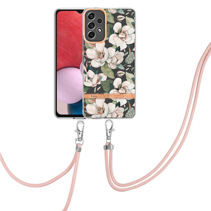 YB IMD-11 Series for Samsung Galaxy A13 4G IML Electroplating Flower Pattern IMD Drop-proof Well-protected Soft TPU Phone Case with Lanyard