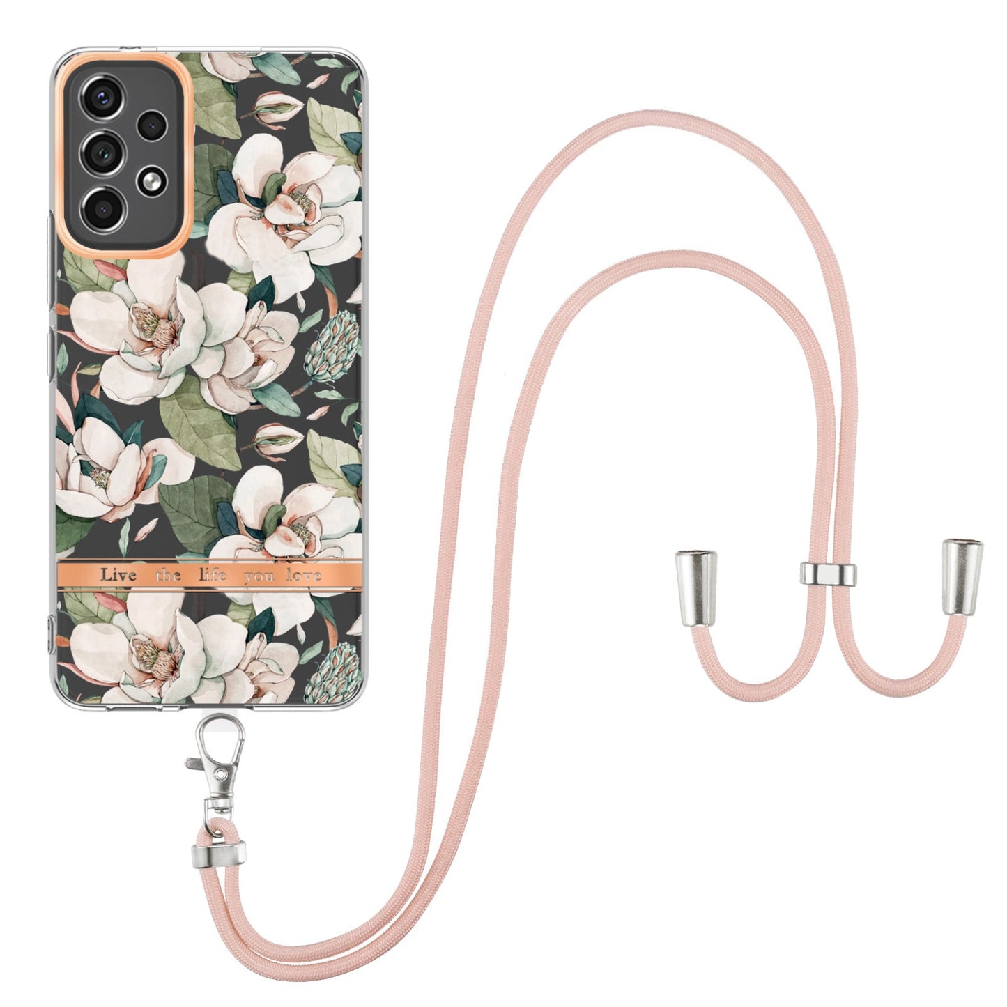YB IMD-11 Series for Samsung Galaxy A13 4G IML Electroplating Flower Pattern IMD Drop-proof Well-protected Soft TPU Phone Case with Lanyard