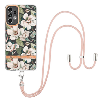 YB IMD-11 Series for Samsung Galaxy A13 4G IML Electroplating Flower Pattern IMD Drop-proof Well-protected Soft TPU Phone Case with Lanyard