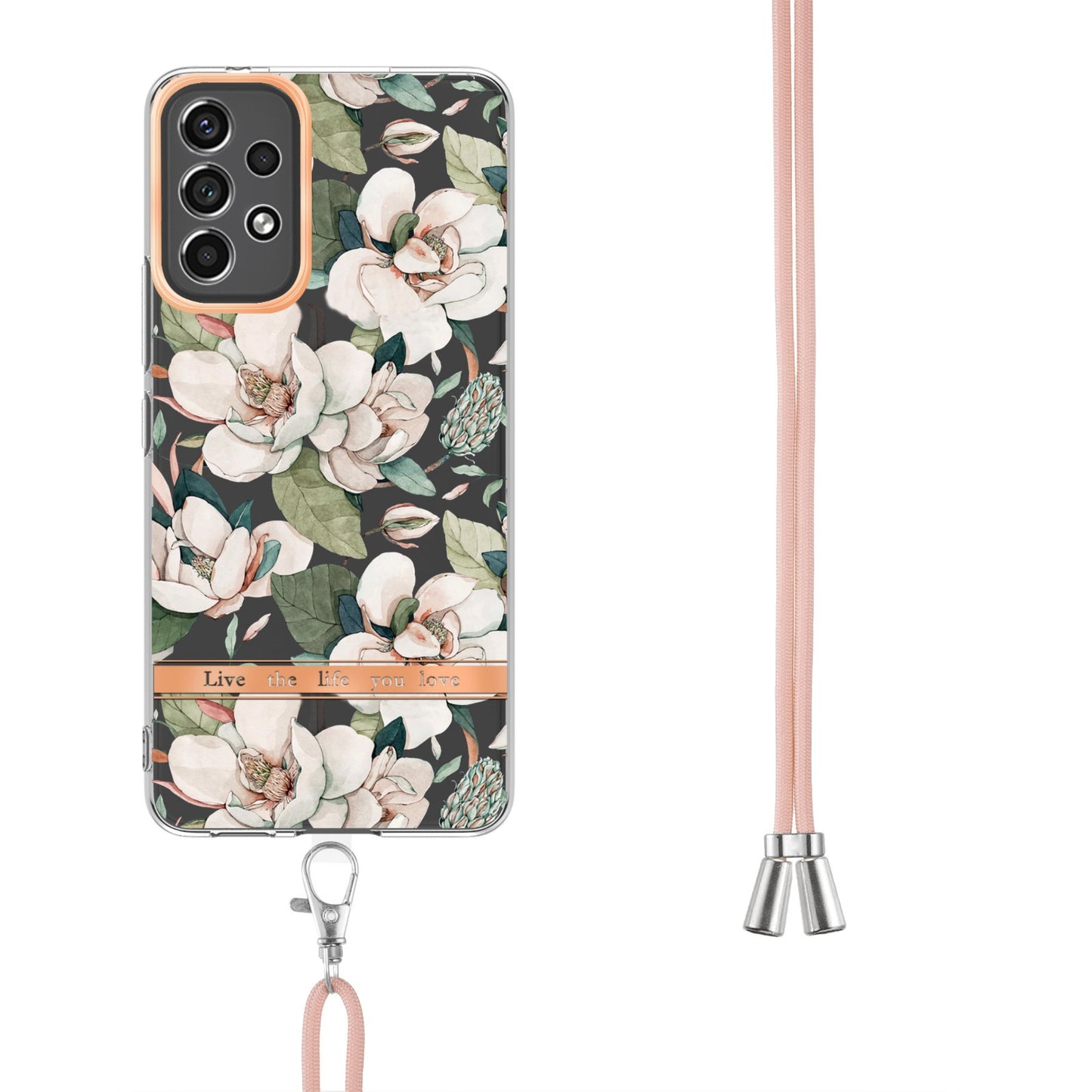 YB IMD-11 Series for Samsung Galaxy A13 4G IML Electroplating Flower Pattern IMD Drop-proof Well-protected Soft TPU Phone Case with Lanyard