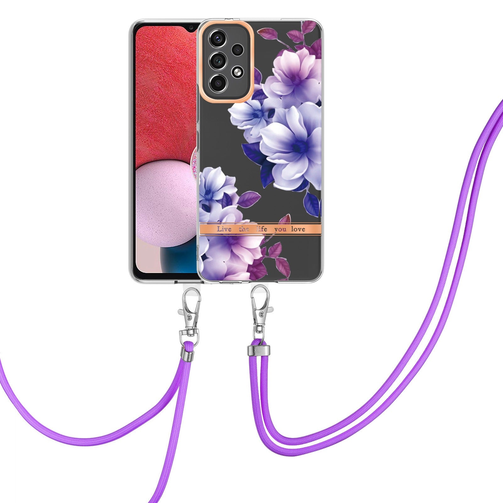 YB IMD-11 Series for Samsung Galaxy A13 4G IML Electroplating Flower Pattern IMD Drop-proof Well-protected Soft TPU Phone Case with Lanyard