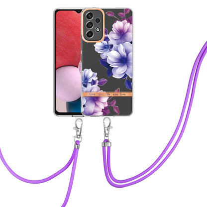 YB IMD-11 Series for Samsung Galaxy A13 4G IML Electroplating Flower Pattern IMD Drop-proof Well-protected Soft TPU Phone Case with Lanyard