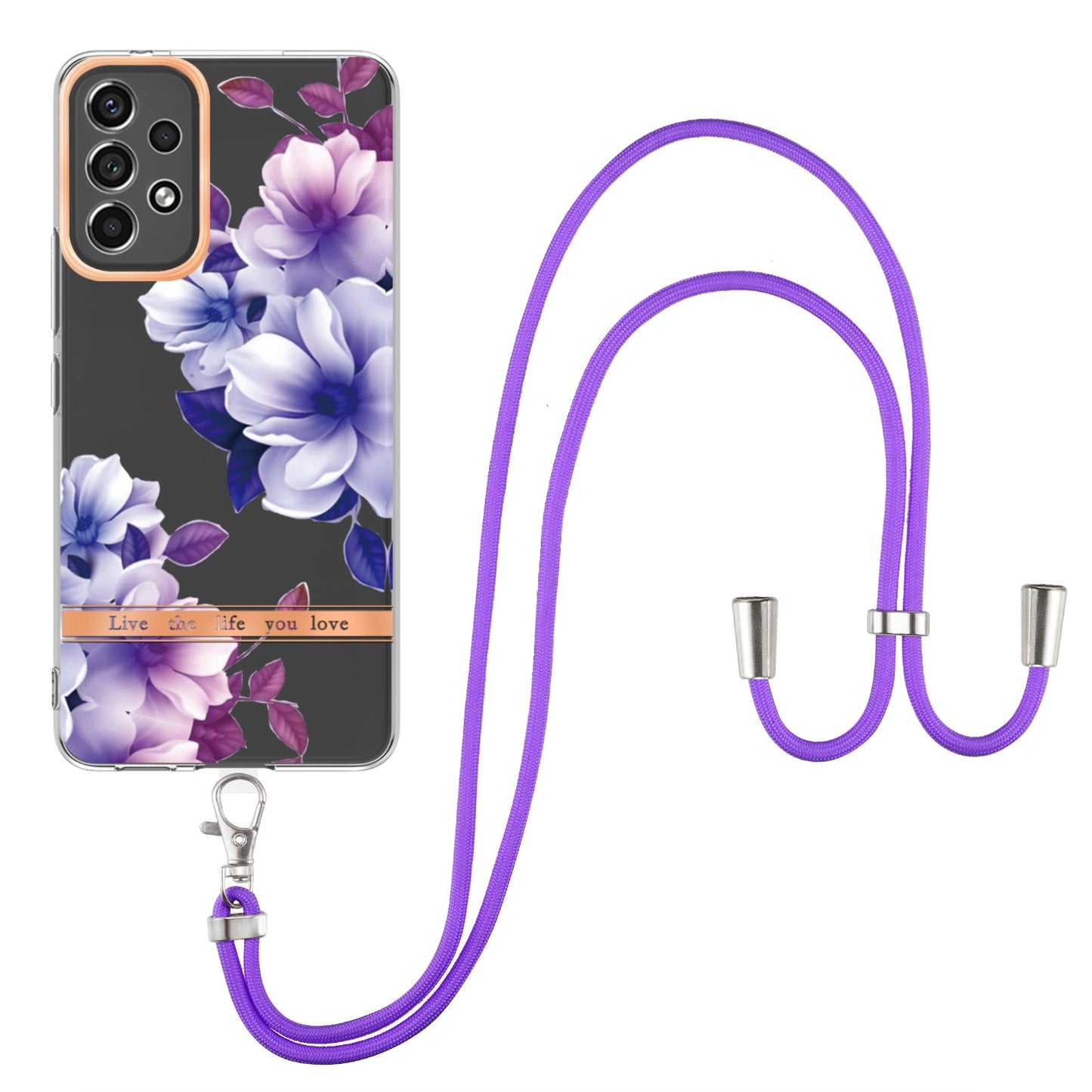YB IMD-11 Series for Samsung Galaxy A13 4G IML Electroplating Flower Pattern IMD Drop-proof Well-protected Soft TPU Phone Case with Lanyard