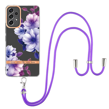 YB IMD-11 Series for Samsung Galaxy A13 4G IML Electroplating Flower Pattern IMD Drop-proof Well-protected Soft TPU Phone Case with Lanyard