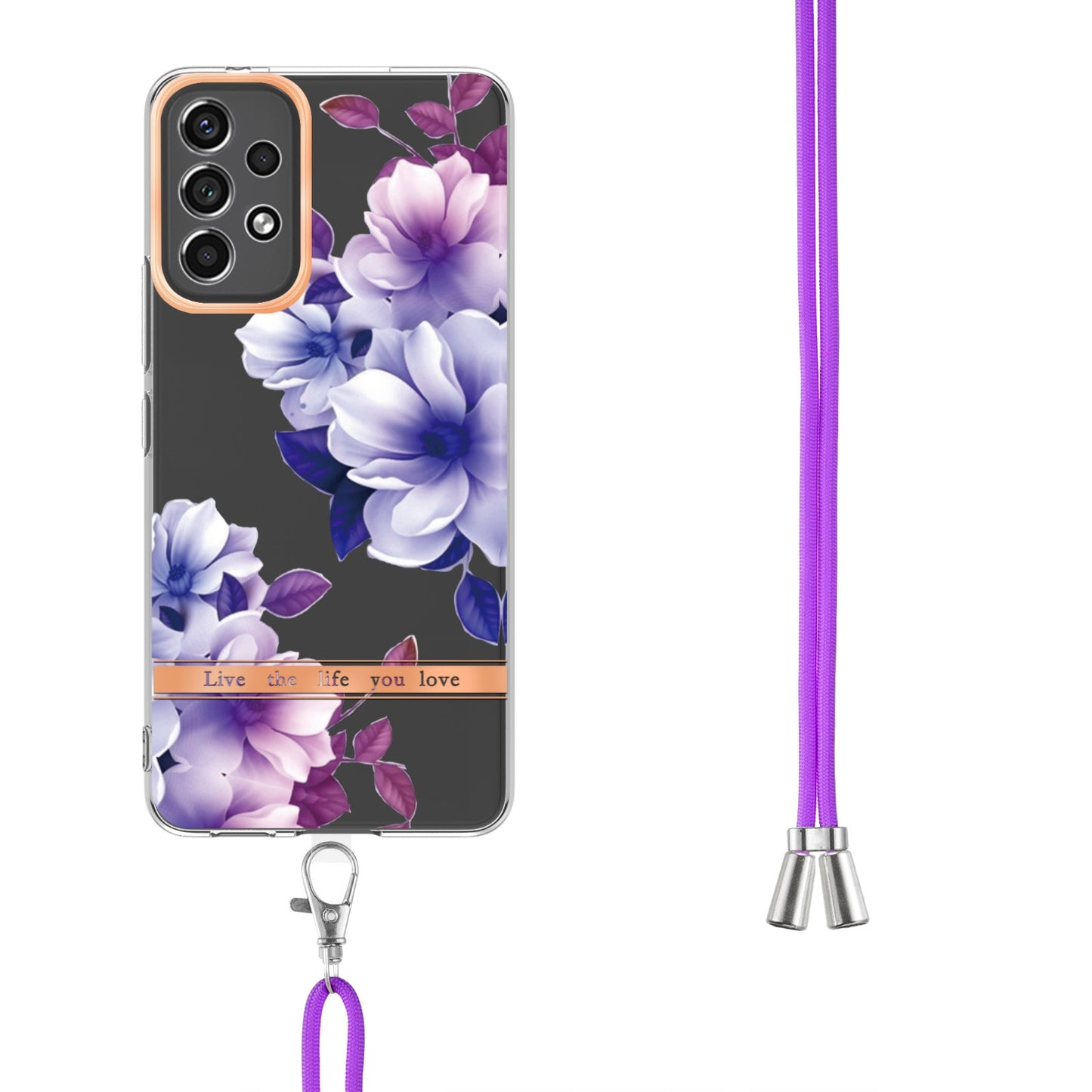 YB IMD-11 Series for Samsung Galaxy A13 4G IML Electroplating Flower Pattern IMD Drop-proof Well-protected Soft TPU Phone Case with Lanyard