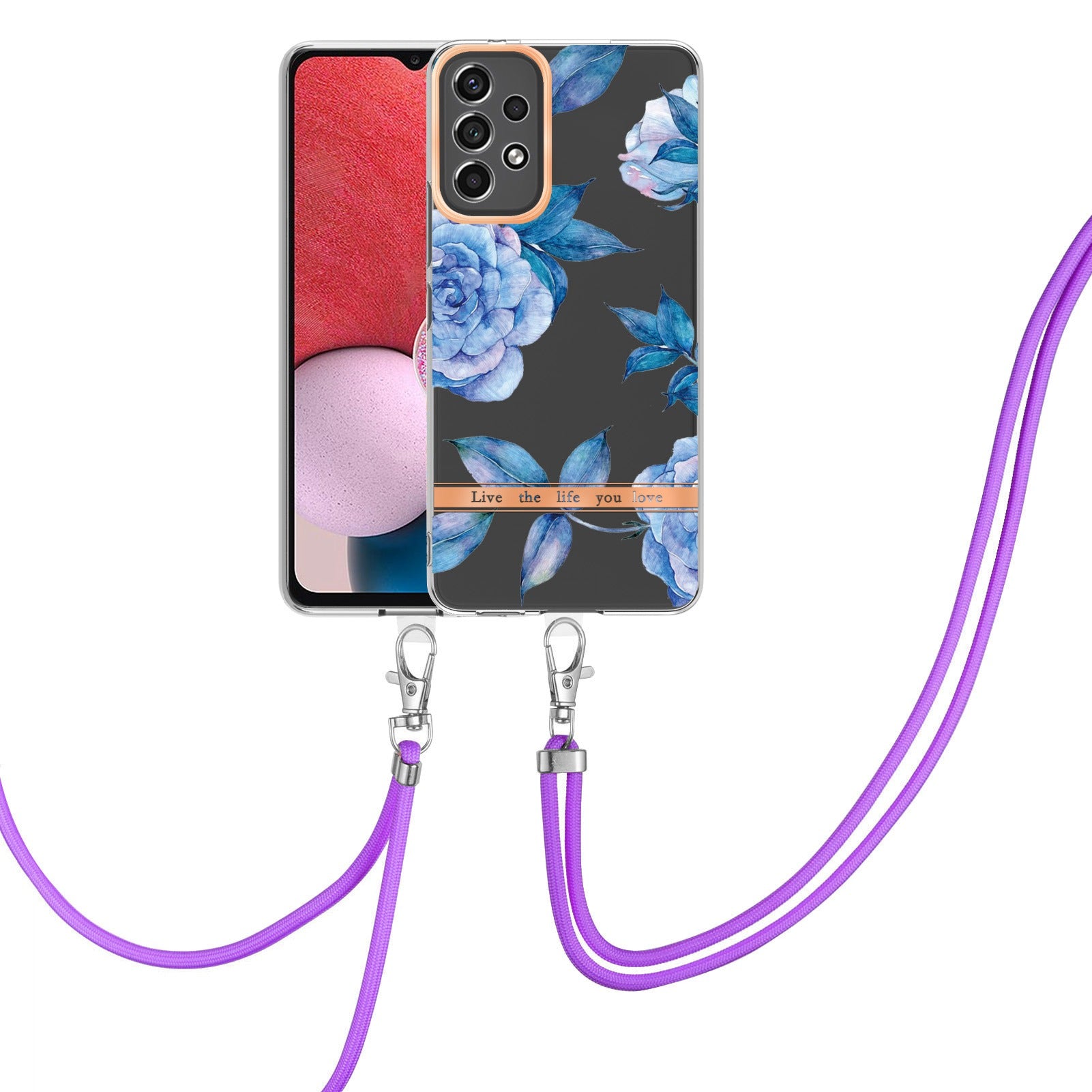 YB IMD-11 Series for Samsung Galaxy A13 4G IML Electroplating Flower Pattern IMD Drop-proof Well-protected Soft TPU Phone Case with Lanyard