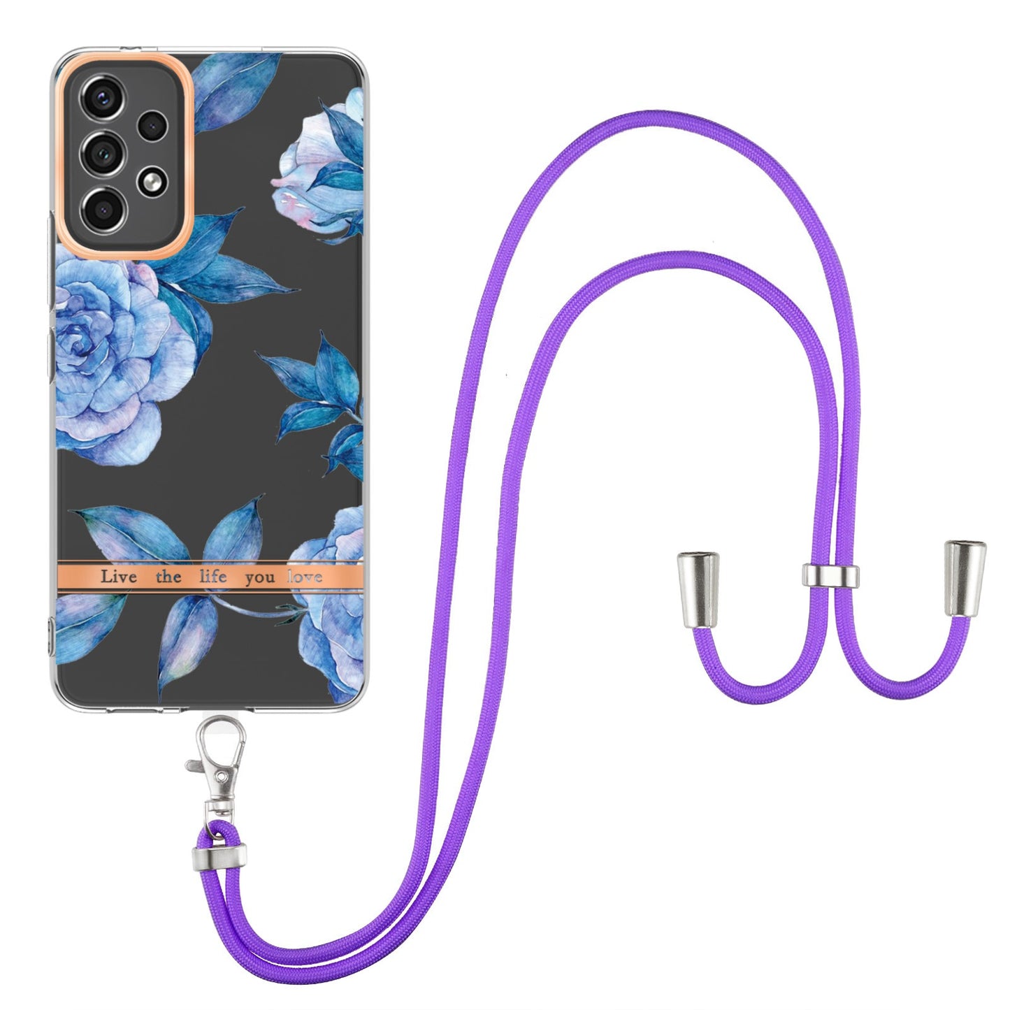 YB IMD-11 Series for Samsung Galaxy A13 4G IML Electroplating Flower Pattern IMD Drop-proof Well-protected Soft TPU Phone Case with Lanyard