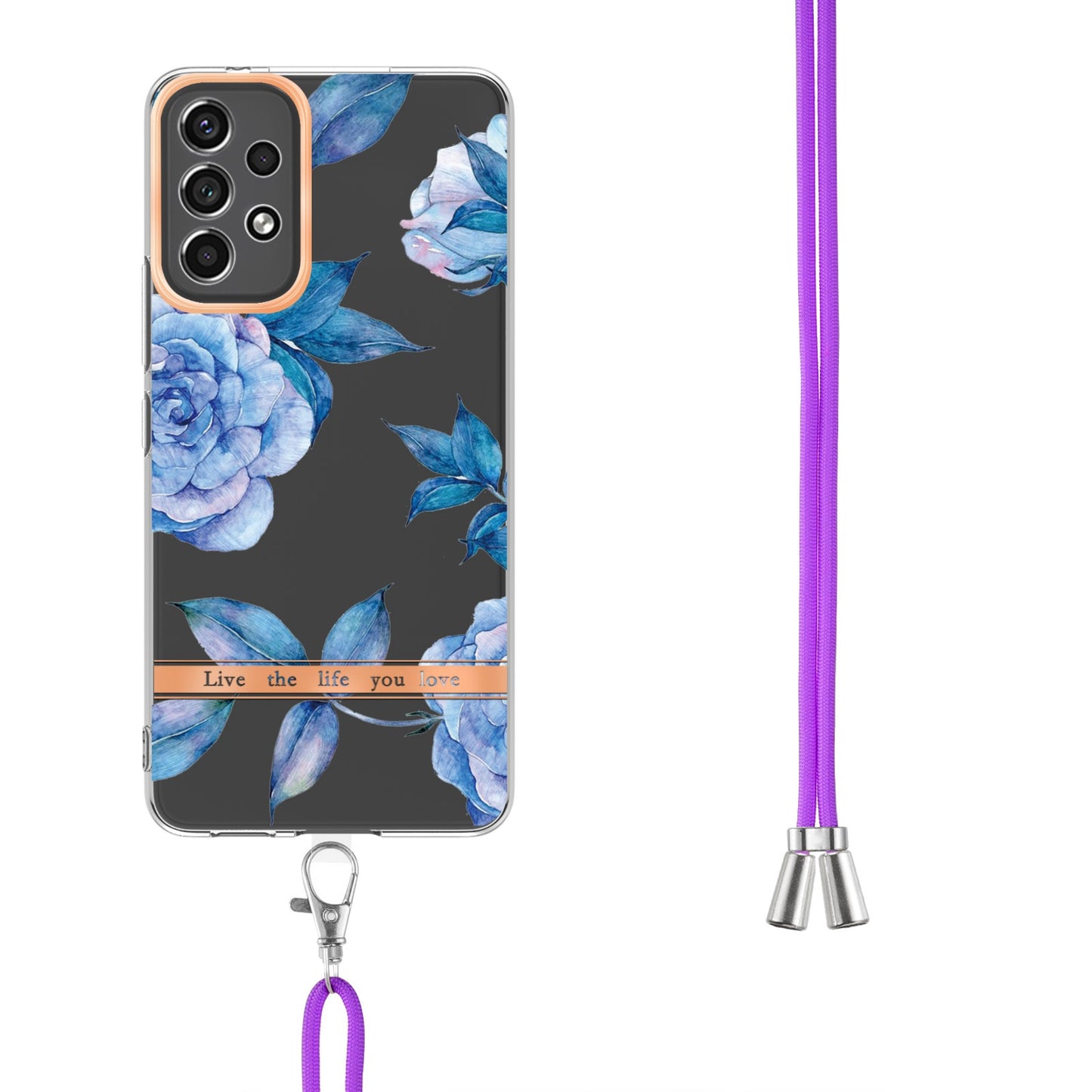 YB IMD-11 Series for Samsung Galaxy A13 4G IML Electroplating Flower Pattern IMD Drop-proof Well-protected Soft TPU Phone Case with Lanyard