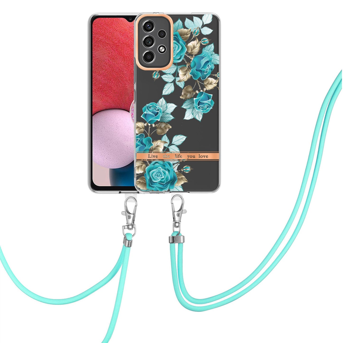 YB IMD-11 Series for Samsung Galaxy A13 4G IML Electroplating Flower Pattern IMD Drop-proof Well-protected Soft TPU Phone Case with Lanyard