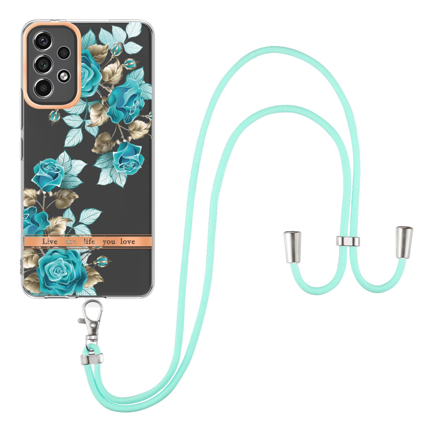 YB IMD-11 Series for Samsung Galaxy A13 4G IML Electroplating Flower Pattern IMD Drop-proof Well-protected Soft TPU Phone Case with Lanyard