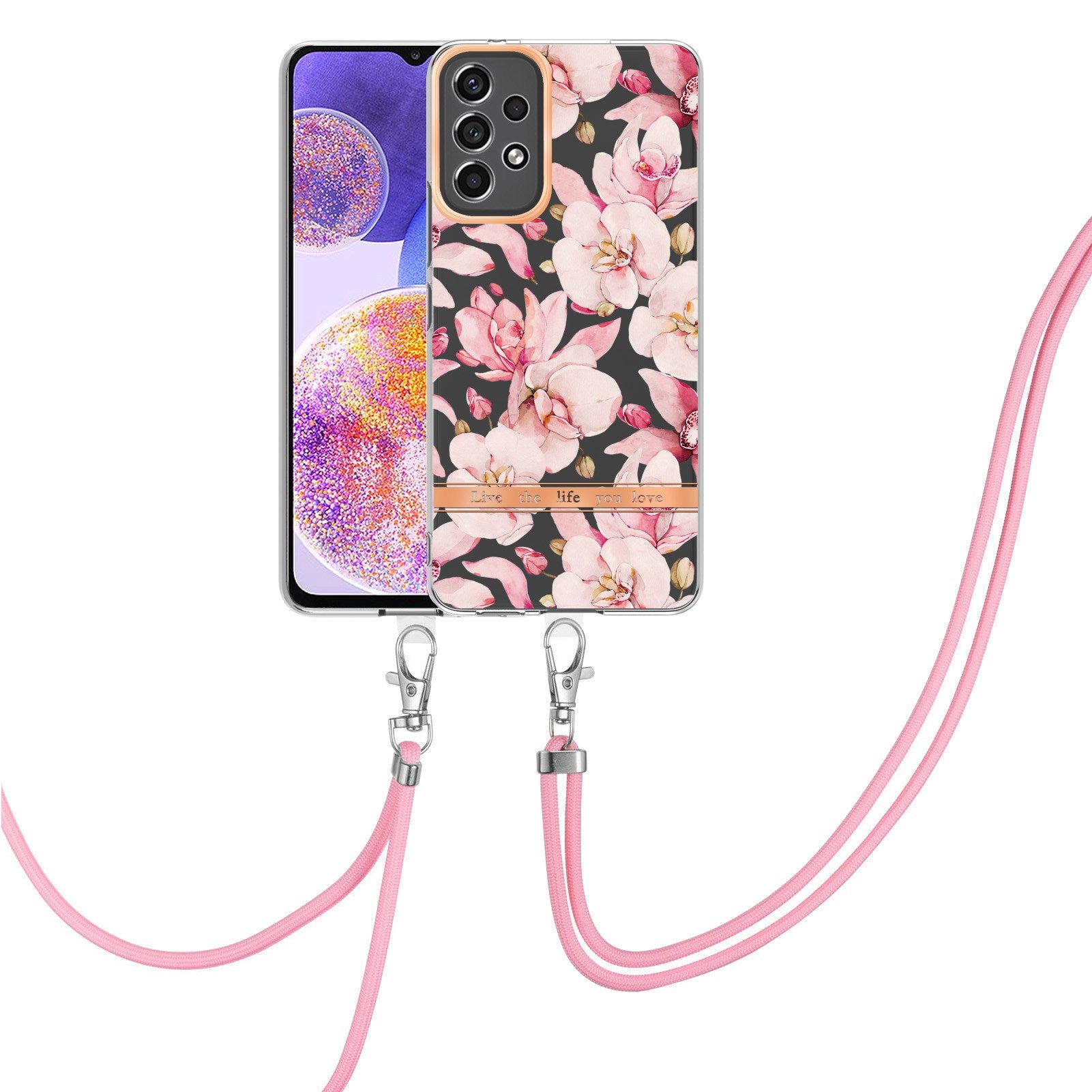 YB IMD-11 Series Phone Case for Samsung Galaxy A23 4G (165.4 x 76.9 x 8.4mm), Soft TPU IMD Anti-wear Stylish Flower Pattern Electroplating Cover with Lanyard